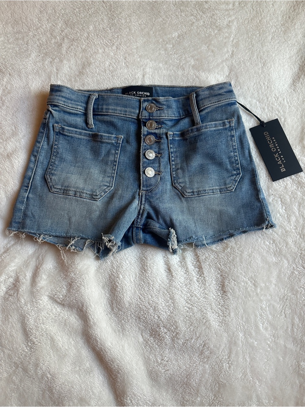 Black Orchid Faded Blue High-Rise Button-Front Denim Shorts